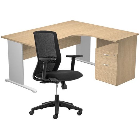 Pack Bureau dangle compact retour à droite Pronto Bois - L.160 x P.100 cm - Plateau Chêne - Pieds L Aluminium + Caisson hauteur bureau + Siège Tekna Noir