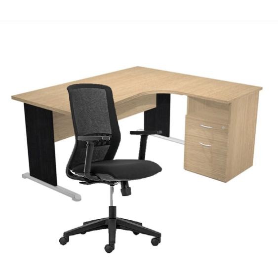 Pack Bureau dangle compact retour à droite Pronto Bois - L.160 x P.100 cm - Plateau Chêne - Pieds L Noir + Caisson hauteur bureau + Siège Tekna Noir