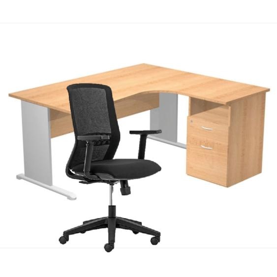 Pack Bureau dangle compact retour à droite Pronto Bois - L.160 x P.100 cm - Plateau Hêtre - Pieds L Aluminium + Caisson hauteur bureau + Siège Tekna Noir