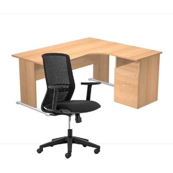 Pack Bureau dangle compact retour à droite Pronto Bois - L.160 x P.100 cm - Plateau Hêtre - Pieds L Hêtre + Caisson hauteur bureau + Siège Tekna Noir