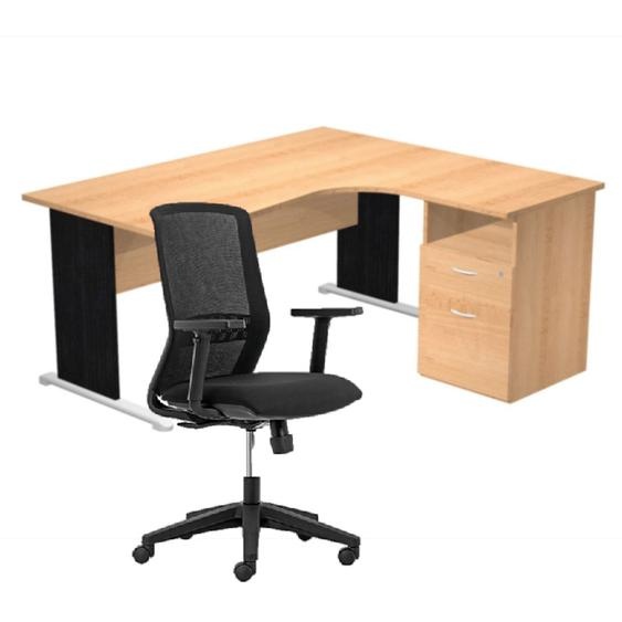Pack Bureau dangle compact retour à droite Pronto Bois - L.160 x P.100 cm - Plateau Hêtre - Pieds L Noir + Caisson hauteur bureau + Siège Tekna Noir