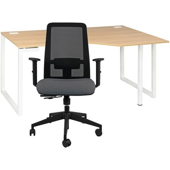 Pack bureau dangle compact retour à droite Vitaly L.160 x P.105 cm Chêne pieds Blanc + siège Naïa maille Anthracite