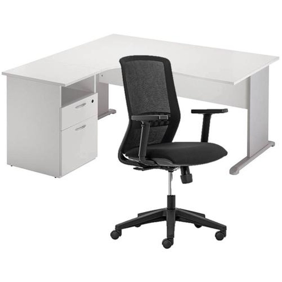 Pack Bureau dangle compact retour à gauche Pronto Bois - L.160 x P.100 cm - Plateau Blanc - Pieds L Aluminium + Caisson hauteur bureau + Siège Tekna Noir