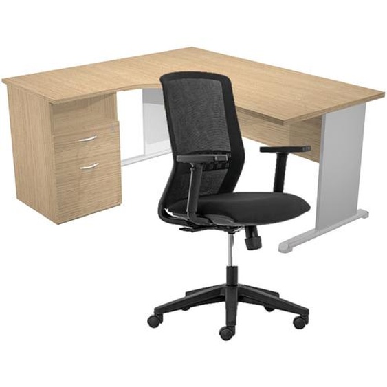 Pack Bureau dangle compact retour à gauche Pronto Bois - L.160 x P.100 cm - Plateau Chêne - Pieds L Aluminium + Caisson hauteur bureau + Siège Tekna Noir