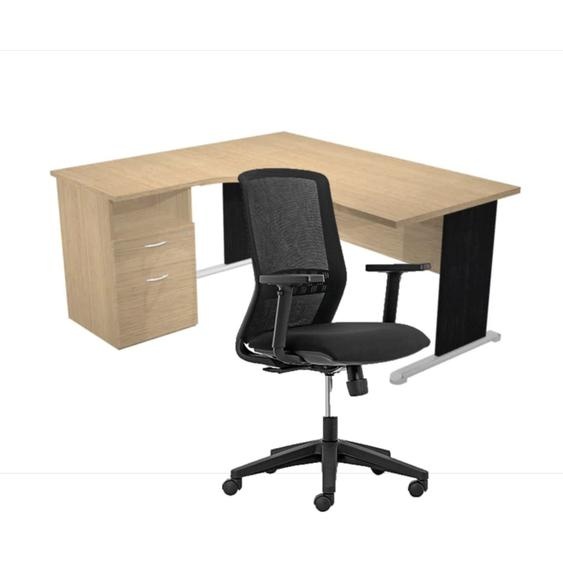 Pack Bureau dangle compact retour à gauche Pronto Bois - L.160 x P.100 cm - Plateau Chêne - Pieds L Noir + Caisson hauteur bureau + Siège Tekna Noir