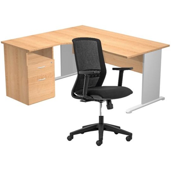 Pack Bureau dangle compact retour à gauche Pronto Bois - L.160 x P.100 cm - Plateau Hêtre - Pieds L Aluminium + Caisson hauteur bureau + Siège Tekna Noir