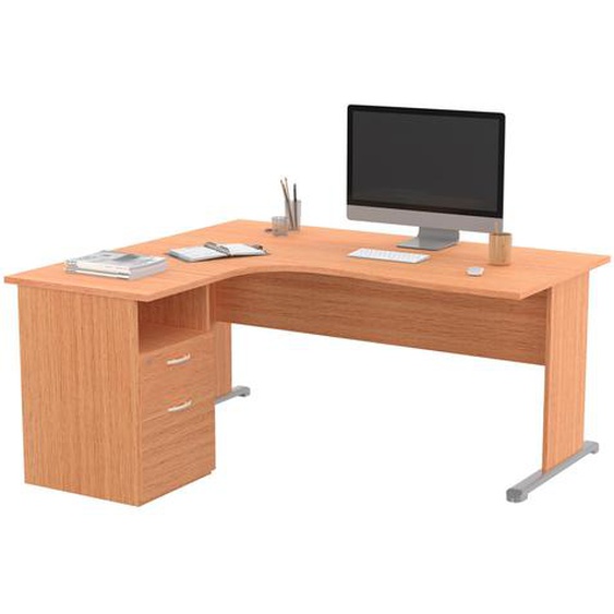 Pack Bureau dangle compact retour à gauche Pronto Bois - L.160 x P.100 cm - Plateau Hêtre - Pieds L Hêtre + Caisson hauteur bureau