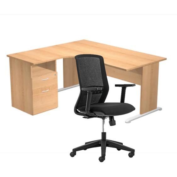 Pack Bureau dangle compact retour à gauche Pronto Bois - L.160 x P.100 cm - Plateau Hêtre - Pieds L Hêtre + Caisson hauteur bureau + Siège Tekna Noir