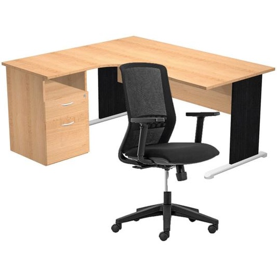 Pack Bureau dangle compact retour à gauche Pronto Bois - L.160 x P.100 cm - Plateau Hêtre - Pieds L Noir + Caisson hauteur bureau + Siège Tekna Noir