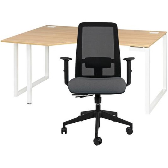 Pack bureau dangle compact retour à gauche Vitaly L.160 x P.105 cm Chêne pieds Blanc + siège Naïa maille Anthracite