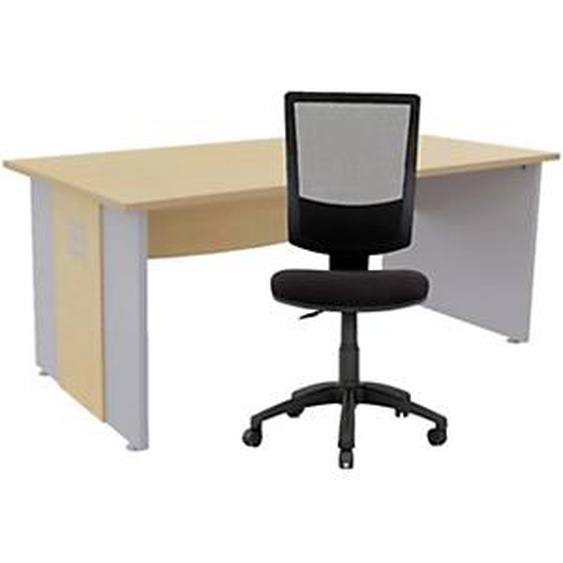 Pack bureau droit Axiome L.140 cm Plateau Hêtre Pieds panneaux Aluminium + Siège Jenny maille/tissu Noir