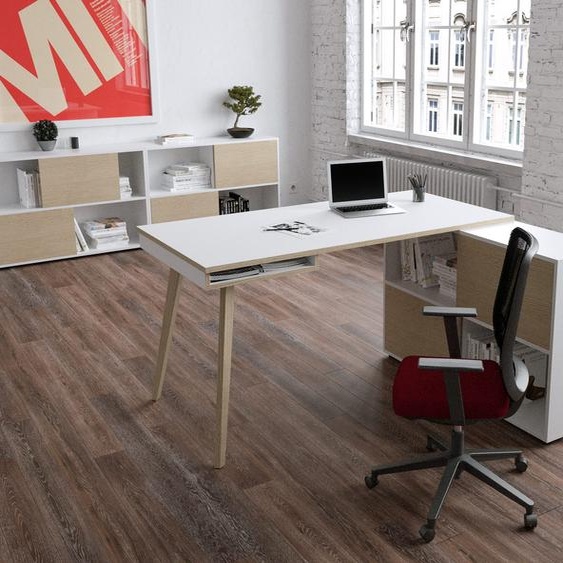 Pack Bureau droit Halden L.160 x P.80 Plateau Blanc Pieds bois Chêne + Meuble de rangement 4 cases Blanc/Chêne L.120 x P.35 cm
