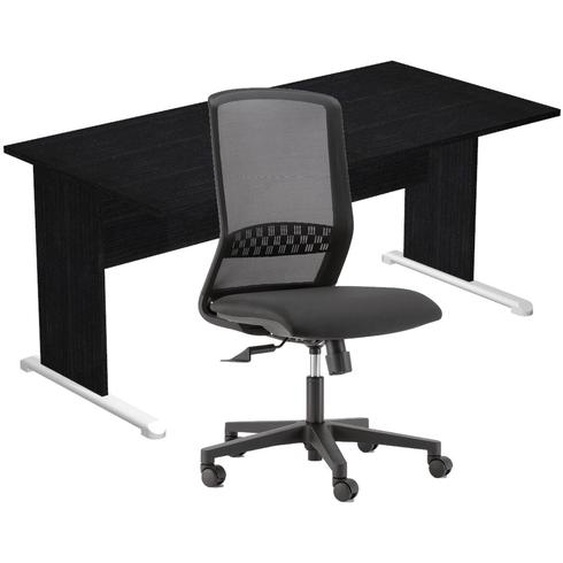 Pack Bureau droit Pronto Bois - L.160 x P.80 cm - Plateau Noir - Pieds L Noir + siège Tekna Tissu Noir