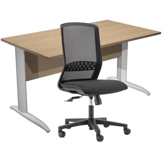 Pack Bureau droit Pronto Métal - L.140 x P.80 cm - Plateau Chêne - Pieds L Aluminium + siège Tekna Tissu Noir