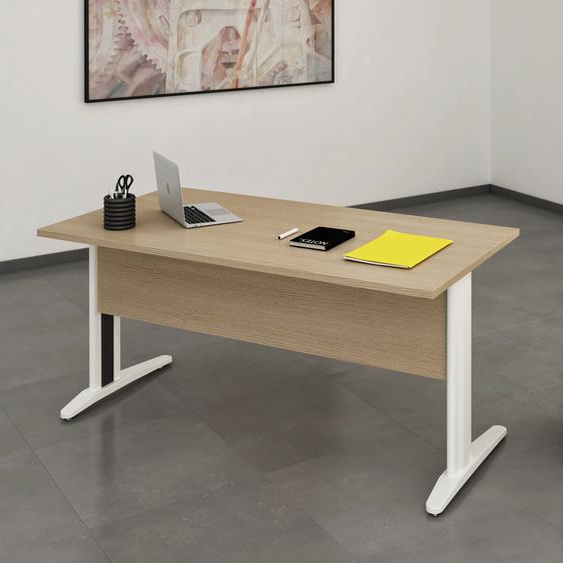 Pack Bureau droit Pronto Métal - L.140 x P.80 cm - Plateau Chêne - Pieds L Blanc + Caisson mobile 3 tiroirs