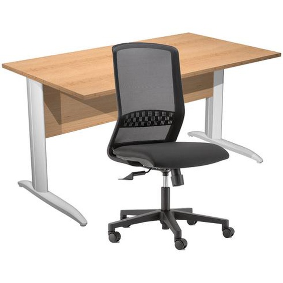Pack Bureau droit Pronto Métal - L.140 x P.80 cm - Plateau Hêtre - Pieds L Blanc + siège Tekna Tissu Noir