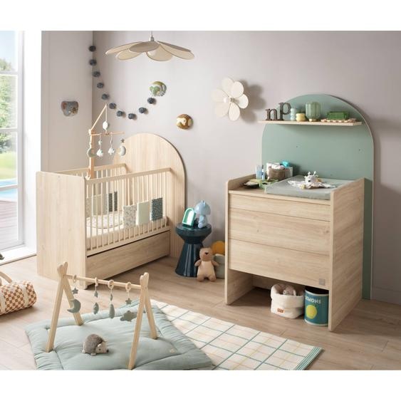 Pack Chambre Bébé Évolutif – Lit 120x60 Transformable En 90x190 + Commode À Langer Évolutive En Bureau - Arche Marron/vert