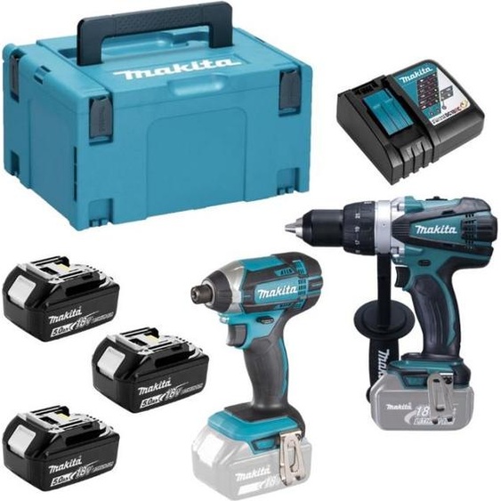 Pack de 2 machines 18V Perceuse DDF458 + Visseuse à chocs DTD152 - MAKITA - avec 3 batteries 18V 5.0Ah - chargeur - MaKPac - DLX2144TJ1