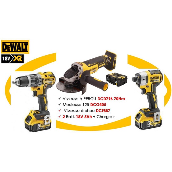 Pack de 3 outils 18V (DCF887 + DCD796 + DCG405)  + 2 batteries 5Ah + chargeur + coffret TSTAK - DEWALT - DCK384P2T-QW