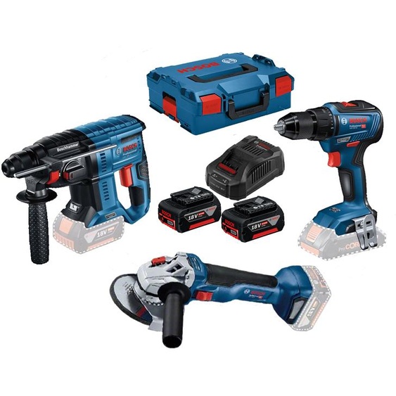 Pack de 3 outils 18V (GSR55/GWS10/GBH22) + 2 batteries 5Ah + chargeur en coffret L-BOXX - BOSCH