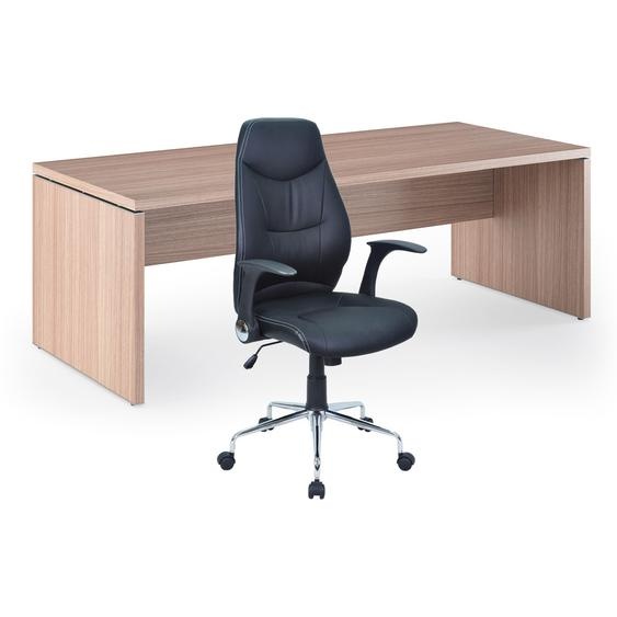 Pack Direction Bureau droit Flore L.210 x P.90 cm - Plateau Noyer - Pieds panneaux + Siège Performer simili cuir Noir