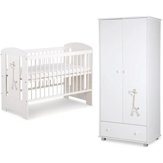 Pack GIRAFE - lit bébé 120x60 + armoire 2 portes couleur blanc - Pin massif et mélaminé