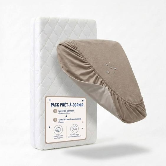 Pack Matelas Déhoussable Bamboo + Drap-housse Imperméable Taupe Blanc