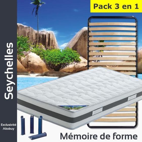 Pack Matelas Seychelles 80x190 + Sommier à Lattes + Pieds - ALTOBUY - Mémoire de forme - Soutien Souple - Blanc
