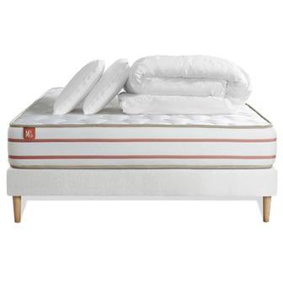 Pack matelas sommier kit Blanc Le Doux Mémoire de forme avec 2 oreillers et couette