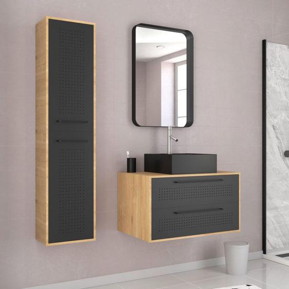 Pack meuble de salle de bain caisson 2 tiroirs + vasque carrée + colonne + Miroir - UBY 80cm