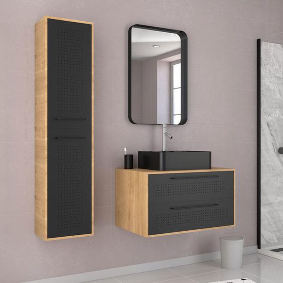 Pack meuble de salle de bain caisson 2 tiroirs + vasque rectangulaire + colonne + miroir UBY 80cm