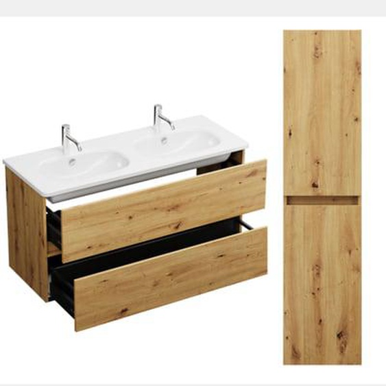 Pack meuble de salle de bain double vasque 120 cm chêne Joline + colonne