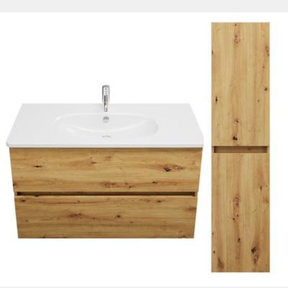 Pack meuble de salle de bain simple vasque Joline 100 cm chêne + colonne