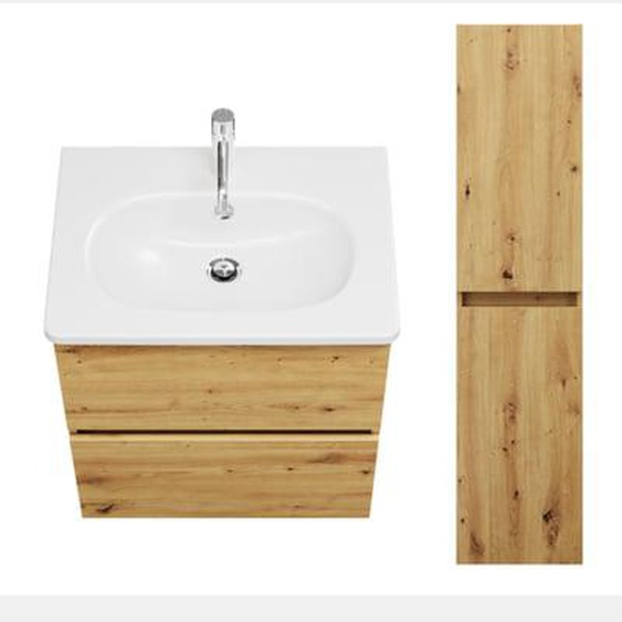 Pack meuble de salle de bain simple vasque Joline 60 cm chêne + colonne