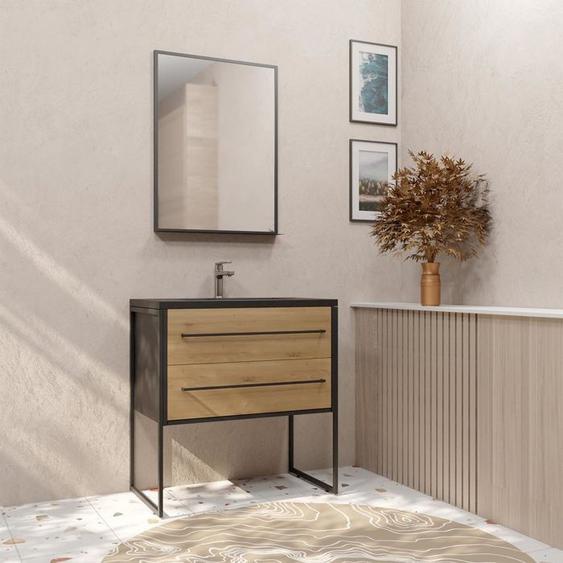 Pack Meuble Salle de Bain 80 cm Noir Mat &amp  Bois 2 Tiroirs - Vasque Noire Effet Pierre - Miroir