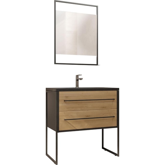 Pack Meuble Salle de Bain 80 cm Noir Mat & Bois 2 Tiroirs - Vasque Noire Effet Pierre - Miroir Led