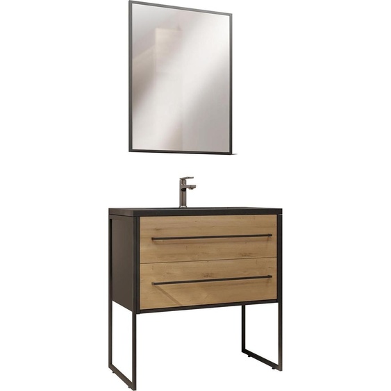 Pack Meuble Salle de Bain 80 cm Noir Mat & Bois 2 Tiroirs - Vasque Noire Effet Pierre - Miroir