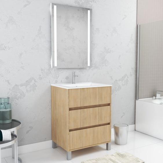 Pack Meuble Salle de Bains 60cm Chêne Clair 3 Tiroirs, Vasque, Miroir 60x80 à Leds intégrées - XENOS