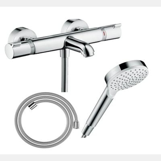 Pack mitigeur bain thermostatique Ecostat Comfort + Flexible Designflex 1,6m + Pommeau Vernis Blend EcoSmart chromé