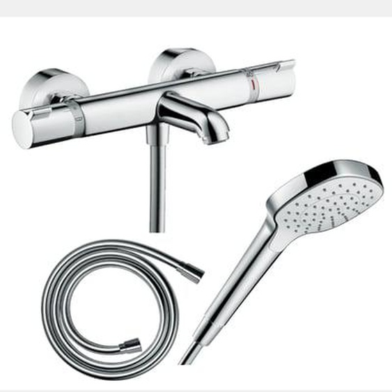 Pack mitigeur bain thermostatique Ecostat Comfort + Flexible Isiflex 1,6m + Pommeau Croma Select E EcoSmart chromé