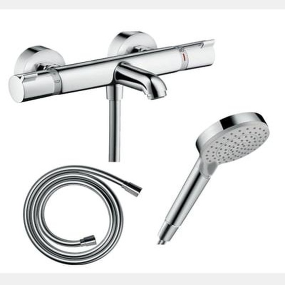 Pack mitigeur bain thermostatique Ecostat Comfort + Flexible Isiflex 1,6m + Pommeau Vernis Blend EcoSmart 2 jets chromé