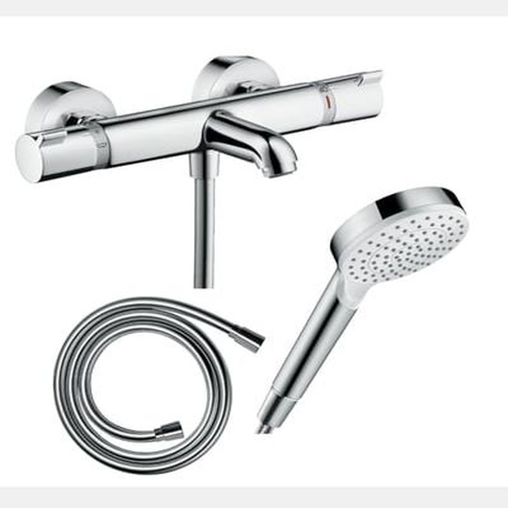 Pack mitigeur bain thermostatique Ecostat Comfort + Flexible Isiflex 1,6m + Pommeau Vernis Blend EcoSmart chromé