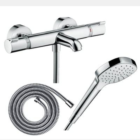 Pack mitigeur bain thermostatique Ecostat Comfort + Flexible Metaflex 1,6m + Pommeau Croma Select E EcoSmart chromé