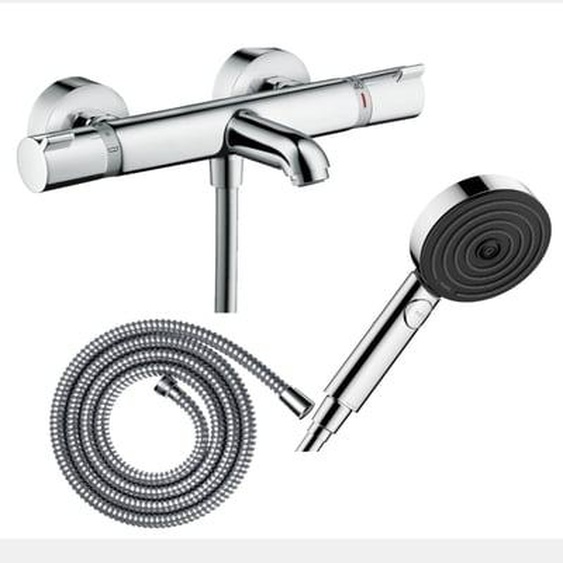 Pack mitigeur bain thermostatique Ecostat Comfort + Flexible Metaflex 1,6m + Pommeau Pulsify EcoSmart 3 jets chromé