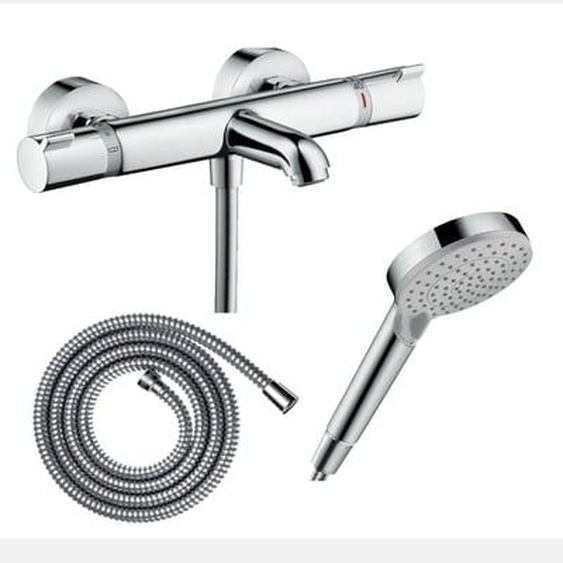 Pack mitigeur bain thermostatique Ecostat Comfort + Flexible Metaflex 1,6m + Pommeau Vernis Blend EcoSmart 2 jets chromé