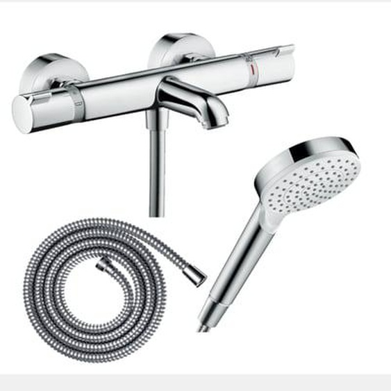 Pack mitigeur bain thermostatique Ecostat Comfort + Flexible Metaflex 1,6m + Pommeau Vernis Blend EcoSmart chromé
