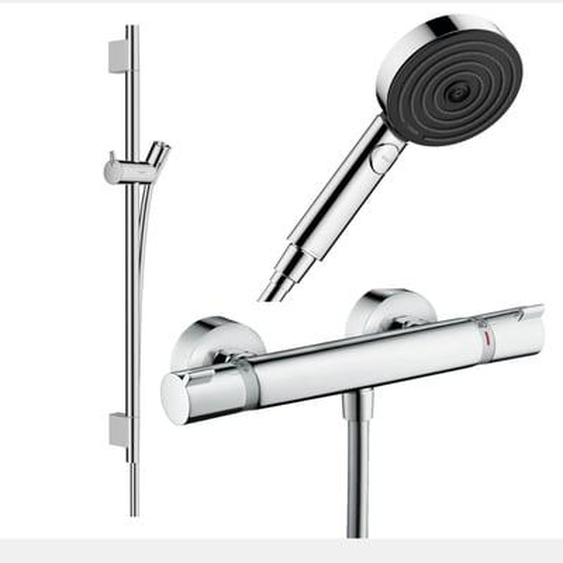 Pack mitigeur douche thermostatique Ecostat Comfort + Barre Unica + flexible + Pommeau Pulsify Select 3 jets chromé
