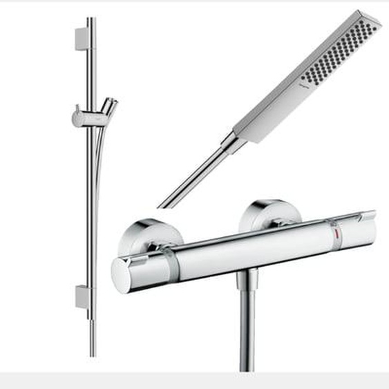 Pack mitigeur douche thermostatique Ecostat Comfort + Barre Unica S Puro + flexible + Pommeau Pulsify E chromé