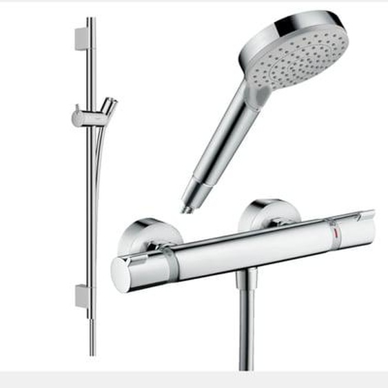 Pack mitigeur douche thermostatique Ecostat Comfort + Barre Unica S Puro + flexible + Pommeau Vernis Blend Vario chromé