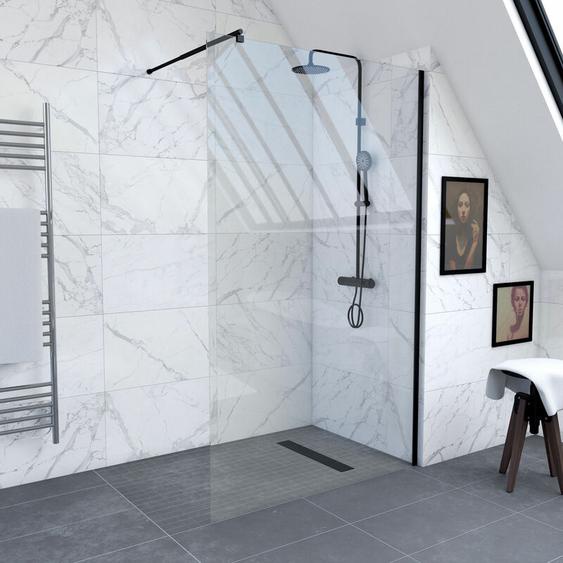 Pack paroi de douche 120x200cm verre transparent - barre de fixation extensible et profil noir